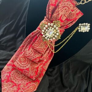 Elegant Red Paisley Scarf with Brooch